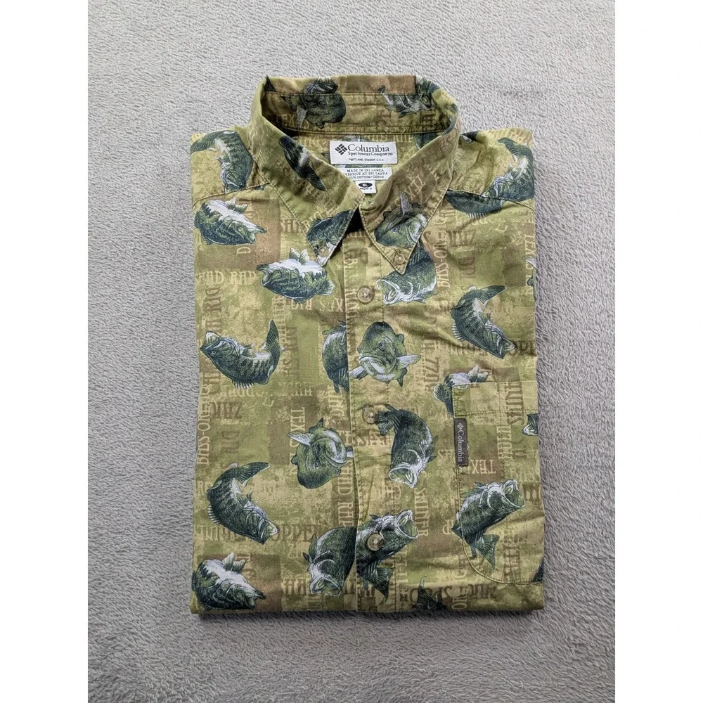 Columbia Mens XL Bass Fishing Graphic Print Short Sleeve Button Down Shirt Green - Picture 9 of 10